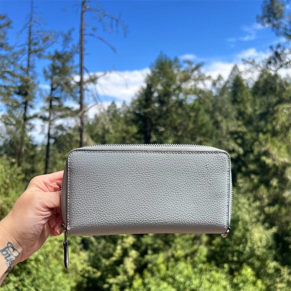 COACH Long Zip-Around Wallet Blue/Gray Pebble Leather Wallet Silver Hardware
